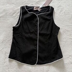 White Closet Elements Black Linen Blend Button Vest Top Small NWT